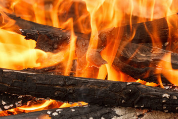 Burning and glowing charcoal with open hot flame and smoke