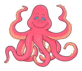 Cute cartoon smiling octopus, vector hand drawing illustration isolated on white background.