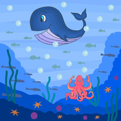 Cute underwater ocean life vector illustration including whale, octopus and fishes