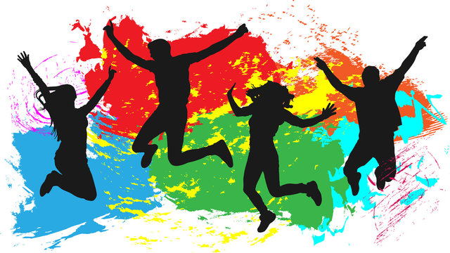 Jumping people friends silhouette, colorful bright ink splashes background