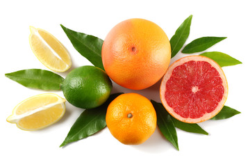 healthy food. mix lemon, green lime, orange and grapefruit with green leaf isolated on white background