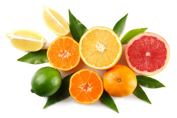 healthy food. mix lemon, green lime, orange and grapefruit with green leaf isolated on white background