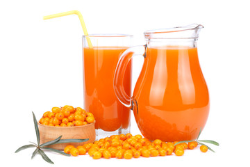 Sea buckthorn juice in glass isolated on white background