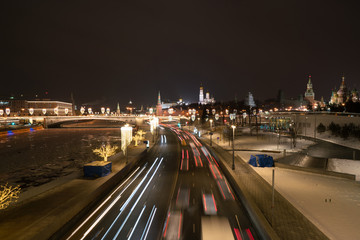 Kremlin and Red Square view at night from Soaring Bridge in Zaryadye Park