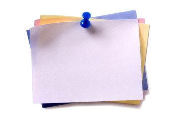Various colors oblong sticky post it note white on top pushpin isolated white background photo