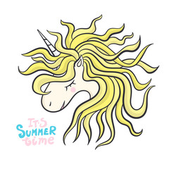 Vector unicorn. Head portrait horse, print a child's T-shirt, lettering. Typography slogan. Blonde little girl. Summer illustration for a children's party, postcard, poster.