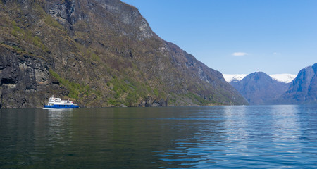 Fototapeta na wymiar A cruise approahing the harbor in Flam with landscape of Fjord