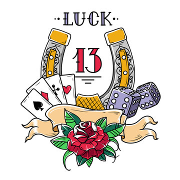 Naklejka Tattoo horseshoe with playing cards, dice, rose and fatal number 13. Good Luck tattoo. Symbol of luck in gambling