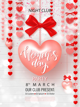 8 March - Happy Women's Day party flyer. Beautiful Background with garland of hearts and bows on Wooden Texture. Invitation to nightclub.Vector illustration.