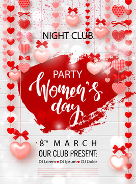 8 March - Happy Women's Day party flyer. Beautiful Background with garland of hearts and bows on Wooden Texture. Invitation to nightclub.Vector illustration.