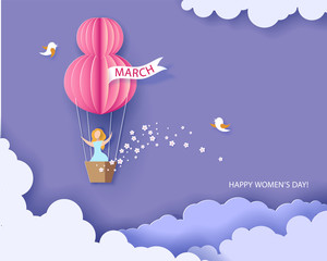 Card for 8 March womens day. Woman in basket of hot air balloon. Abstract background with text and flowers .Vector illustration. Paper cut and craft style.
