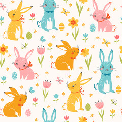 Cute Easter seamless pattern of multicolored  bunnies, Easter eggs, spring flowers, butterflies and dragonflies. 
