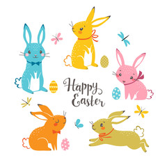 Set of cute colorful Easter bunnies, Easter eggs, butterflies, dragonflies and hand drawn text.