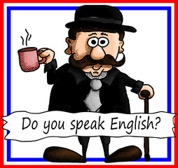 Do you speak English? Typical English man with cup of tea.