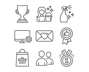 Set of Positive feedback, Cleaning and Award cup icons. Users, Monitor settings and Valentine signs. Washing cleanser, Online buying and Approved symbols. Award medal, Maid service, Trophy. Vector