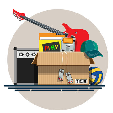 Illustration of a cardboard box with old things in a flat style. Box with old stuff vector. Guitar, cap, game console, volleyball. Vector illustration Eps10 file