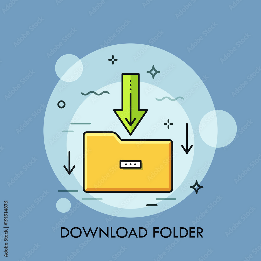 Poster yellow paper folder and green arrow pointing downwards. concept of file download, data storage techn