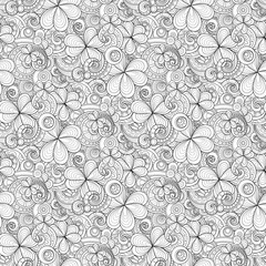 Monochrome Doodle St Patrick's Day Seamless Pattern. Decorative Clover Leaf Talisman, Abstract Coins and Swirl. Elegant Natural Background. Coloring Book Page. Vector Contour Illustration Ornate