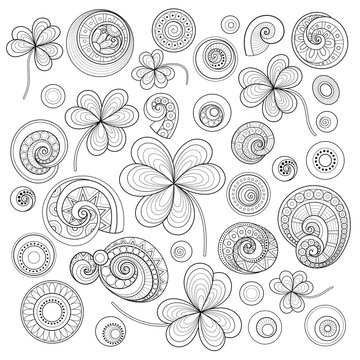 Monochrome Set of St Patrick's Day Doodles. Good Luck Symbols. Decorative Clover Leaf Talisman, Abstract Coins and Swirl. Elegant Natural Motif, Sign. Coloring Book Page. Vector Contour Illustration
