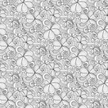 Monochrome Doodle St Patrick's Day Seamless Pattern. Decorative Clover Leaf Talisman, Abstract Coins and Swirl. Elegant Natural Background. Coloring Book Page. Vector Contour Illustration Ornate