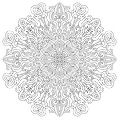 Flower circular mandala for adults. Coloring book page design. Anti stress black and white vintage decorative element. Monochrome oriental ethnic pattern. Hand drawn isolated vector illustration.