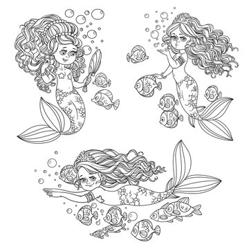 Beautiful mermaid girls outlined set  for coloring page isolated on a white background