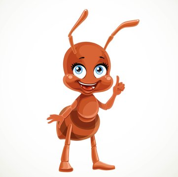Cute cartoon worker ant tells something interesting  isolated on a white background