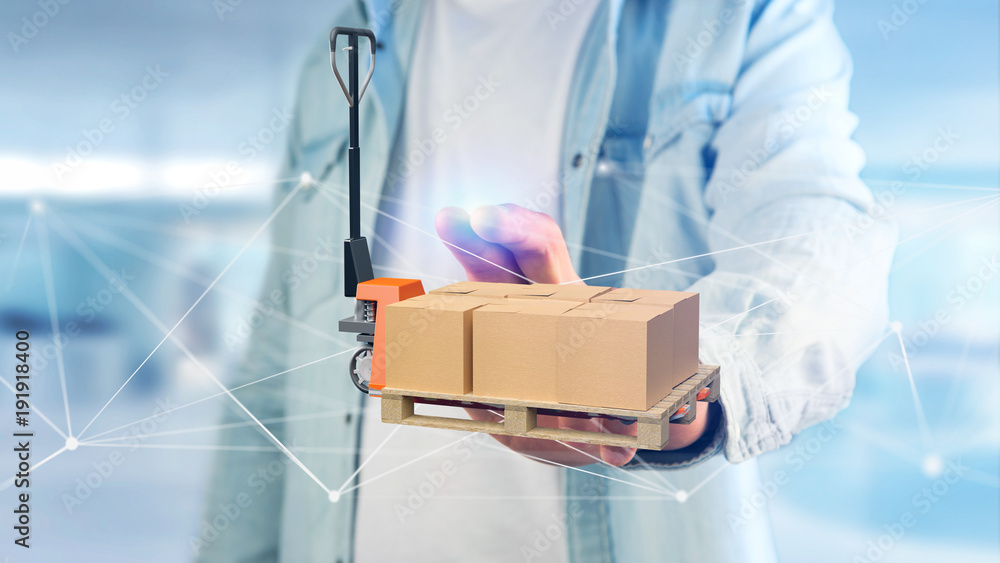 Poster pallet truck and carboxes with network connection system - 3d render