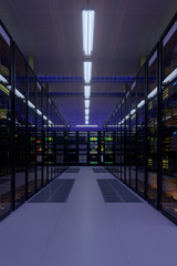 Working data center interior. Concept of hosting, computer cluster, supercomputer, virtual servers,...