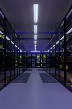 Working data center interior. Concept of hosting, computer cluster, supercomputer, virtual servers, digital cloud or mining crypto currency farm.