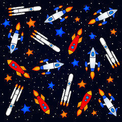 Set of painted colored spacecraft models flying amongst stars in different directions, vector illustration
