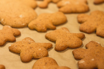 Ginger biscuits lie on a baking sheet. Cookies on baking paper. Selective focus.