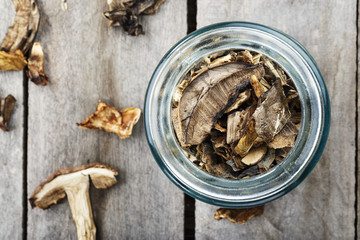 dried mushrooms in a jar