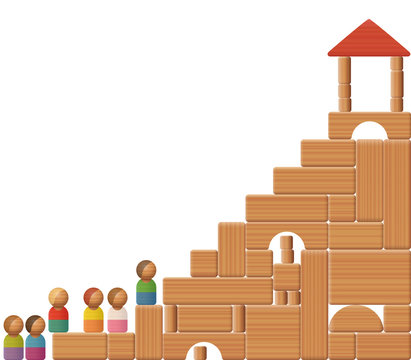 Stairs to success shown with building blocks and toy figures. Symbol for education, career, increase, growth, development, prosperity or victory.