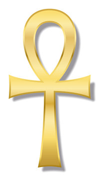 Ankh, also known as key of life, key of Nile, crux ansata - ancient Egyptian hieroglyphic character represents the concept of eternal life. Golden illustration on white background.