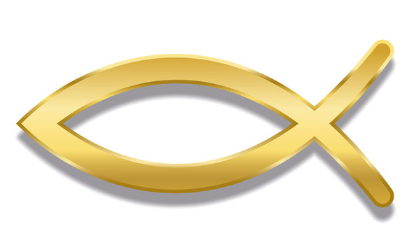 Jesus fish. Golden Christian symbol consisting of two intersecting arcs. Also called ichthys or ichthus, the Greek word for fish. Illustration. Vector.