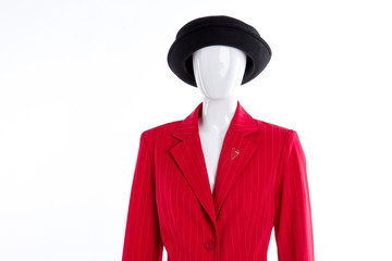 Black hat and red blazer for women. Elegant red jacket for ladies. Women fashion look.