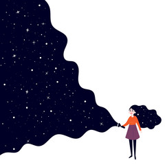 Obraz premium A young girl holding a flashlight shines in the dark and open deep space, stars and sky. Concept of searching, adventure, secrecy and nightdreams. Background is white. Vector flat illustration