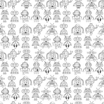A cute, small, friendly blue with a red robot, with antennas and wires, kind vintage eyes and comic style inscriptions. Abstract seamless robot pattern for girls or boys. Creative robot vector pattern