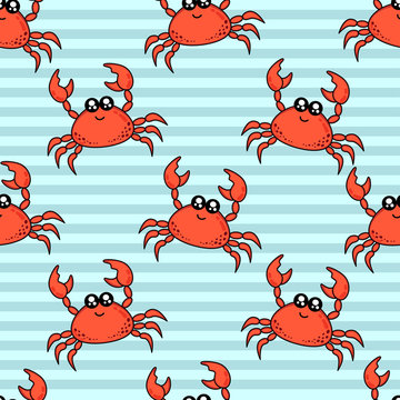 Cute kids pattern for girls and boys. Colorful crab on the abstract background create a fun cartoon drawing. The background is made in pastel colors. Urban backdrop for textile and fabric.