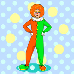 Pop art clown vector. Theater, circus, a woman in a jester costume. Vintage Background