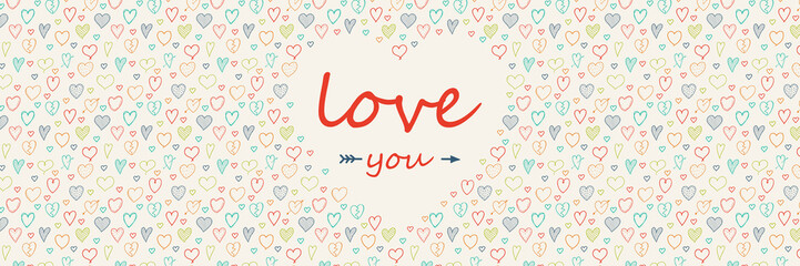 Concept of a panoramic banner with cute hand drawn hearts for Valentine's Day Sale. Vector.