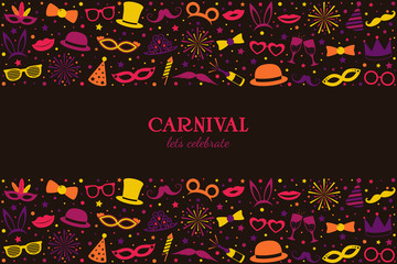 Carnival - let's celebrate. Banner with colourful party icons. Vector.