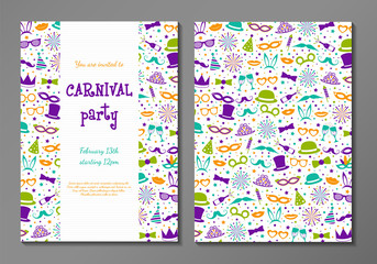 Carnival Party - design of a two sided invitation. Colourful cards. Vector.
