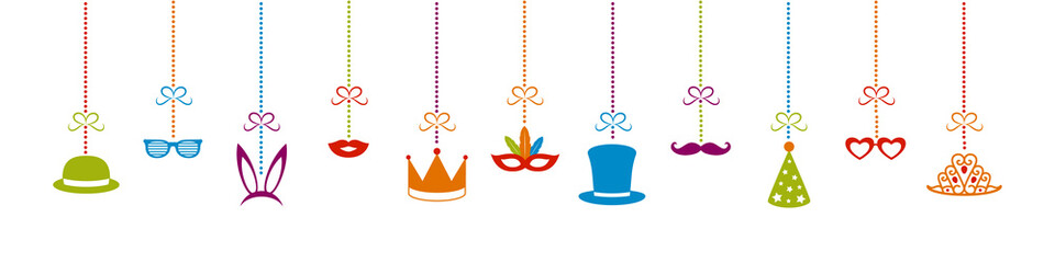 Concept of a panoramic banner with funny party elements. Decoration for carnival, party, birthday and photobooth. Vector.