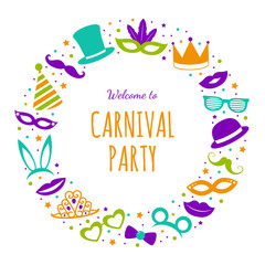 Welcome to Carnival Party - poster with funny party elements. Vector.