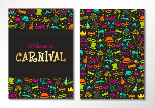 Carnival Party - design of a two sided invitation. Colourful cards. Vector.
