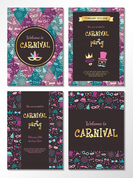 Collection of Carnival Party invitations. Colourful cards with funny texture. Vector.