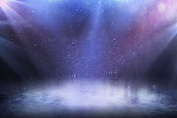 Beautiful empty winter background and empty ice rink with lights. - obrazy, fototapety, plakaty