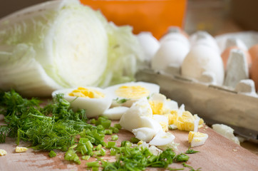 Healthy salad corn, cabbage.Eggs boiled on vegetable salad.